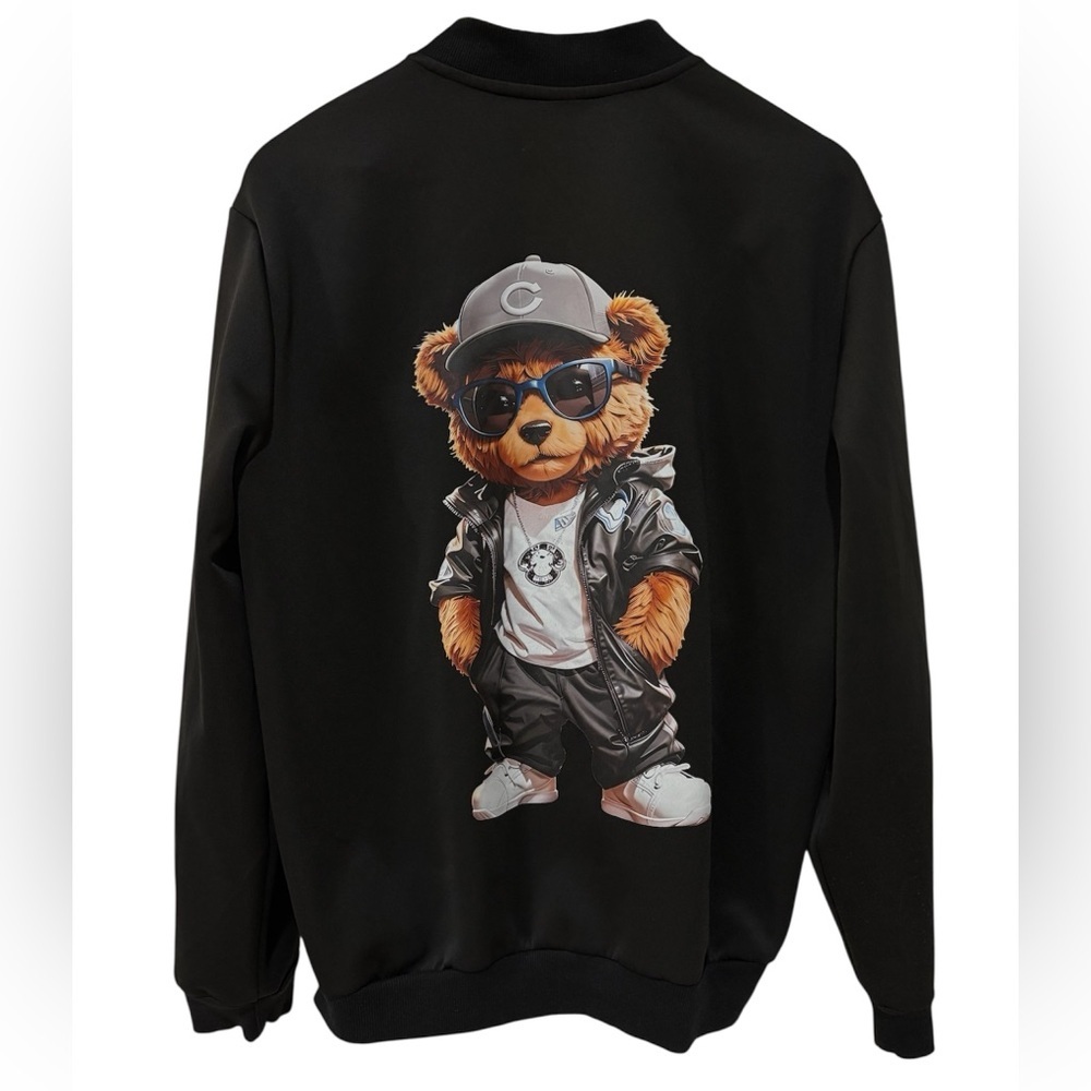 Black Graphic Teddy Bear Bomber Jacket Streetwear Unisex Size L - Picture 2 of 4